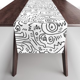 Graffiti Black and White Pattern Doodle Hand Designed Scan Table Runner