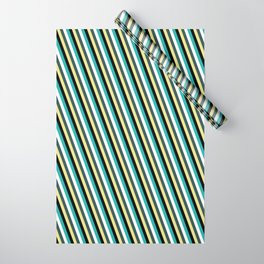 [ Thumbnail: Eyecatching Dark Slate Gray, Tan, Black, Light Sea Green, and White Colored Stripes Pattern Wrapping Paper ]