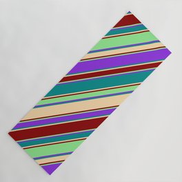 [ Thumbnail: Purple, Dark Cyan, Tan, Dark Red, and Light Green Colored Striped/Lined Pattern Yoga Mat ]