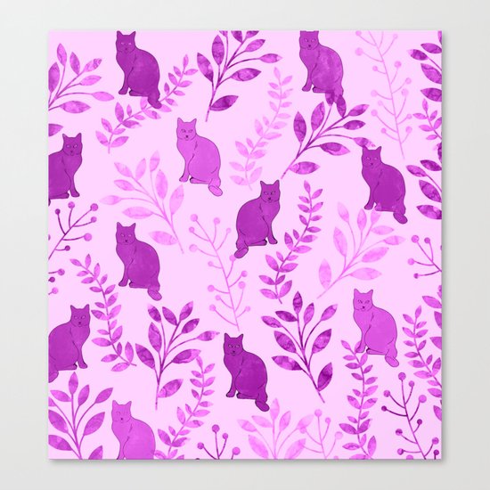 Watercolor Floral and Cat V Canvas Print