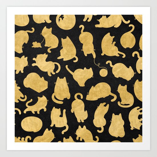 Gold on Black Kitty Pattern Art Print