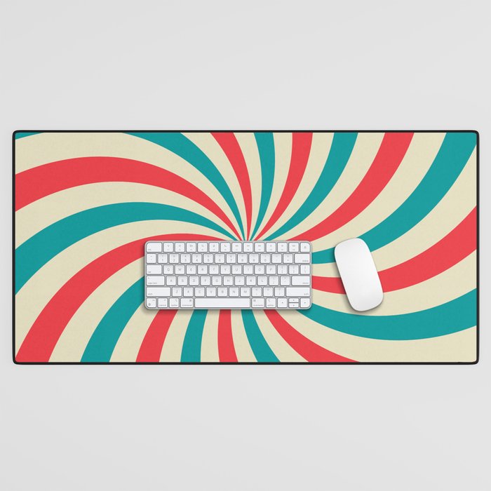 Retro background with curved, rays or stripes in the center. Rotating, spiral stripes. Sunburst or sun burst retro background. Turquoise and red colors. Vintage illustration Desk Mat