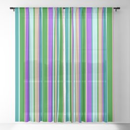[ Thumbnail: Vibrant Tan, Purple, Dark Cyan, Turquoise & Green Colored Striped/Lined Pattern Sheer Curtain ]