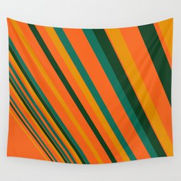 Classic Orange Tilted Design with Gold Green Stripes Wall Tapestry