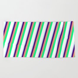 [ Thumbnail: Powder Blue, Indigo, Dark Salmon, Green, and White Colored Pattern of Stripes Beach Towel ]