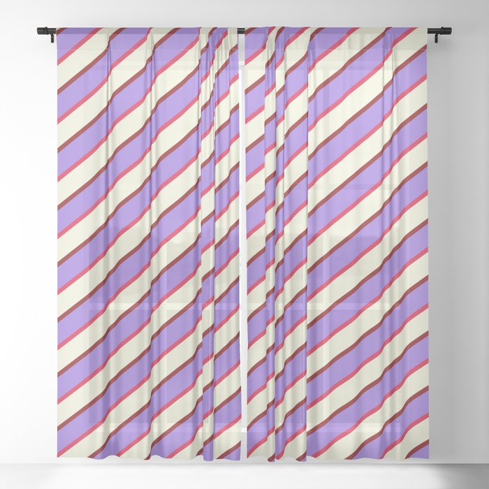 Purple, Crimson, Beige, and Maroon Colored Lined/Striped Pattern Sheer Curtain