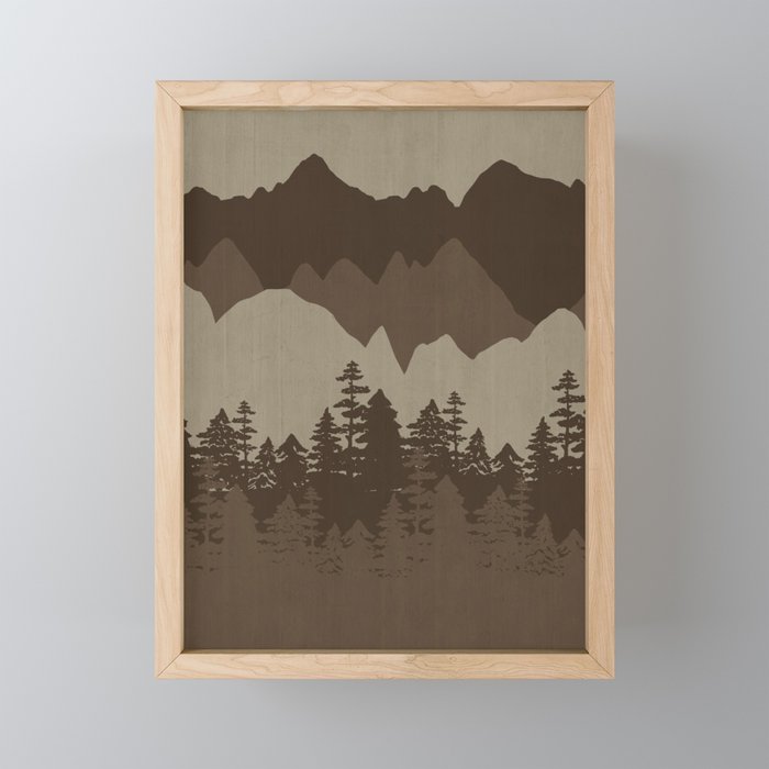 Woodland Forest, Mountain Range, Neutral Tones, Earth Tones, Forest Framed Mini Art Print