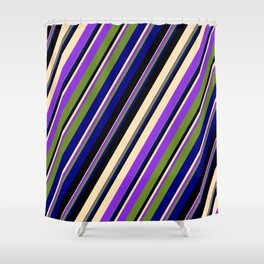 [ Thumbnail: Colorful Black, Beige, Purple, Green, and Blue Colored Pattern of Stripes Shower Curtain ]