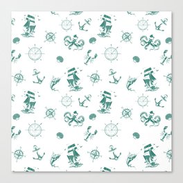 Green Blue Silhouettes Of Vintage Nautical Pattern Canvas Print
