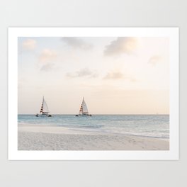 Two Sailboats at Sunset Aruba Caribbean Sea Pastel Colors - Fine Art Travel Photography art print Art Print