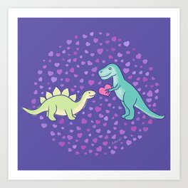 Cute Dinosaurs in Love Blue Art Print