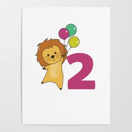 Lion Second Birthday Balloons For Kids Poster