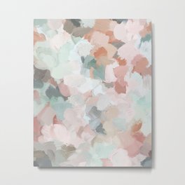 Minty Kisses - Blush Pink Mint Green Blue Coral Peach Abstract Flower Wall Art Springtime Painting Metal Print