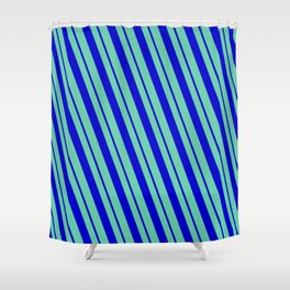[ Thumbnail: Aquamarine and Blue Colored Pattern of Stripes Shower Curtain ]