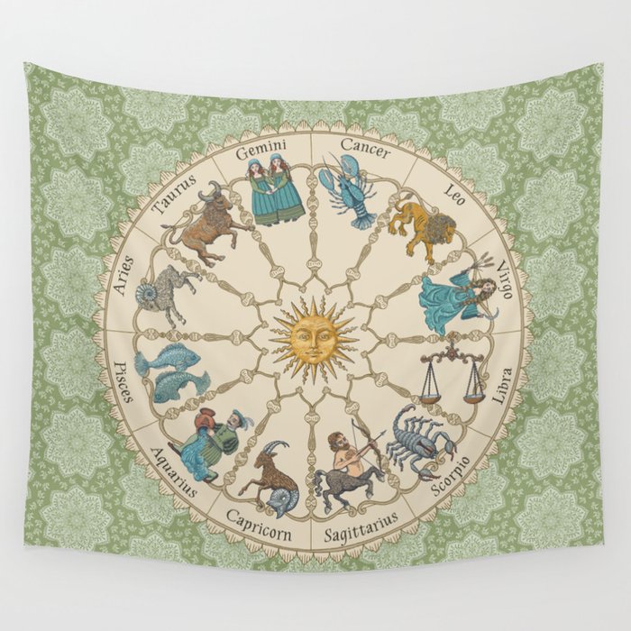 Vintage Astrology Zodiac Wheel Green Wall Tapestry