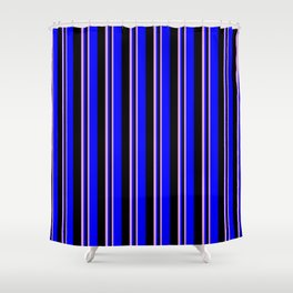 [ Thumbnail: Plum, Black, and Blue Colored Lines Pattern Shower Curtain ]