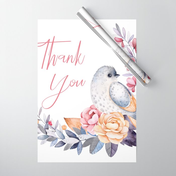 bird and flowers bouquet thank you typography wrapping paper by artonwear flower bouquet wrapping paper