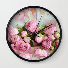 Shabby Chic Cottage Pink Floral Ranunculus Peonies Roses Print Home Decor Wall Clock
