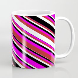 [ Thumbnail: Fuchsia, Red, Mint Cream, and Black Colored Pattern of Stripes Coffee Mug ]
