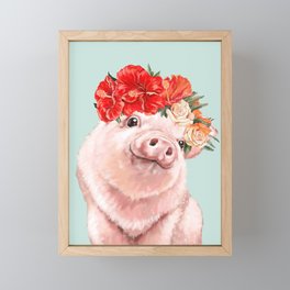 Baby Pig with Hawaiian Flower Crown in Green Framed Mini Art Print