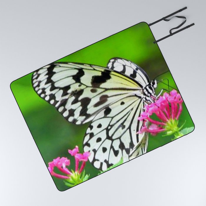 Butterfly and Pink Flowers Picnic Blanket