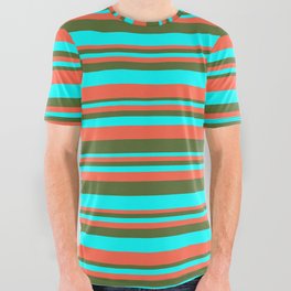 [ Thumbnail: Red, Dark Olive Green & Aqua Colored Lined Pattern All Over Graphic Tee ]