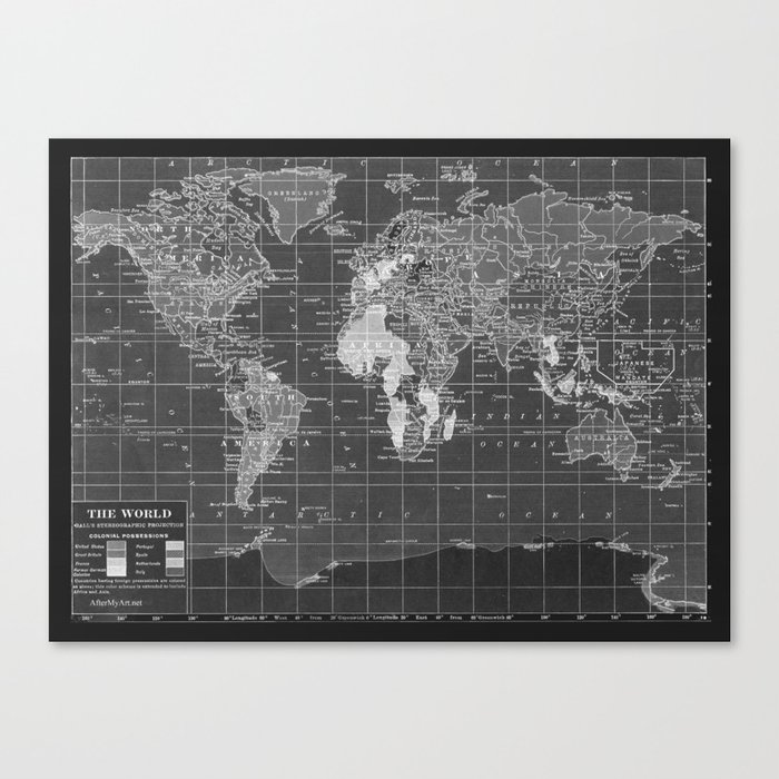 Black and White Vintage World Map Canvas Print