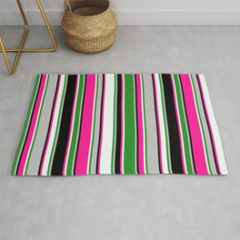 [ Thumbnail: Eyecatching Grey, Forest Green, Mint Cream, Deep Pink, and Black Colored Pattern of Stripes Rug ]