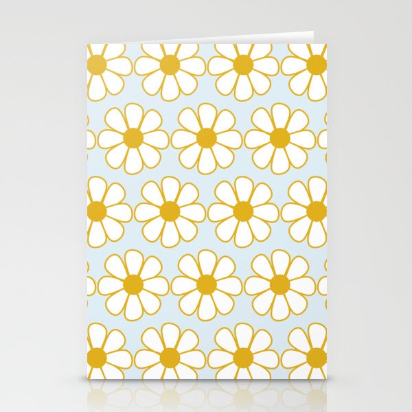Cheerful Retro Daisy Pattern in Mustard and Pale Ice Blue Stationery Cards