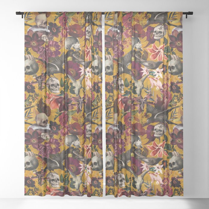 Vintage & Shabby Chic - Floral and Skull Gothic Pattern Sheer Curtain