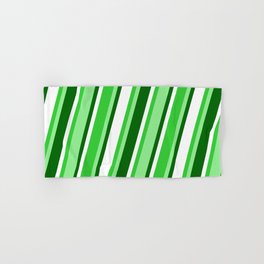 [ Thumbnail: Lime Green, Light Green, Dark Green, and White Colored Pattern of Stripes Hand & Bath Towel ]