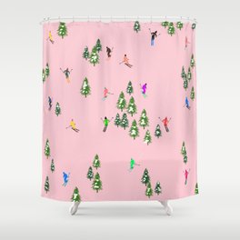 Pink retro skiers illustration - snow what fun down the ski slopes Shower Curtain