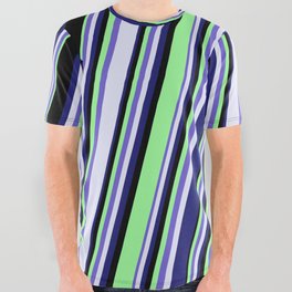[ Thumbnail: Slate Blue, Lavender, Midnight Blue, Black & Green Colored Lines/Stripes Pattern All Over Graphic Tee ]