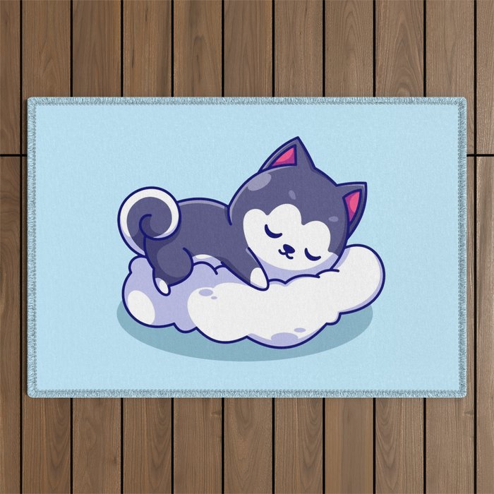 Cute Husky Dog On Pillow Cartoon  Outdoor Rug