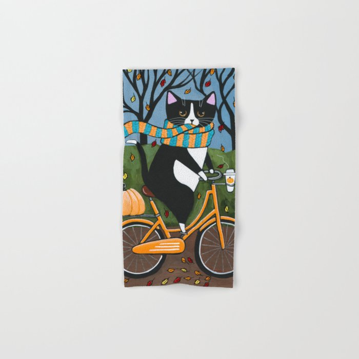 Tuxedo Cat Autumn Bicycle Ride Hand & Bath Towel