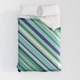 [ Thumbnail: Eyecatching Aquamarine, Sky Blue, Midnight Blue, Sea Green & Beige Colored Striped/Lined Pattern Comforter ]