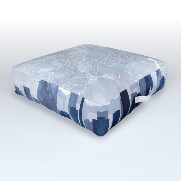 Calgary Skyline & Map Watercolor Navy Blue, Print by Zouzounio Art Outdoor Floor Cushion