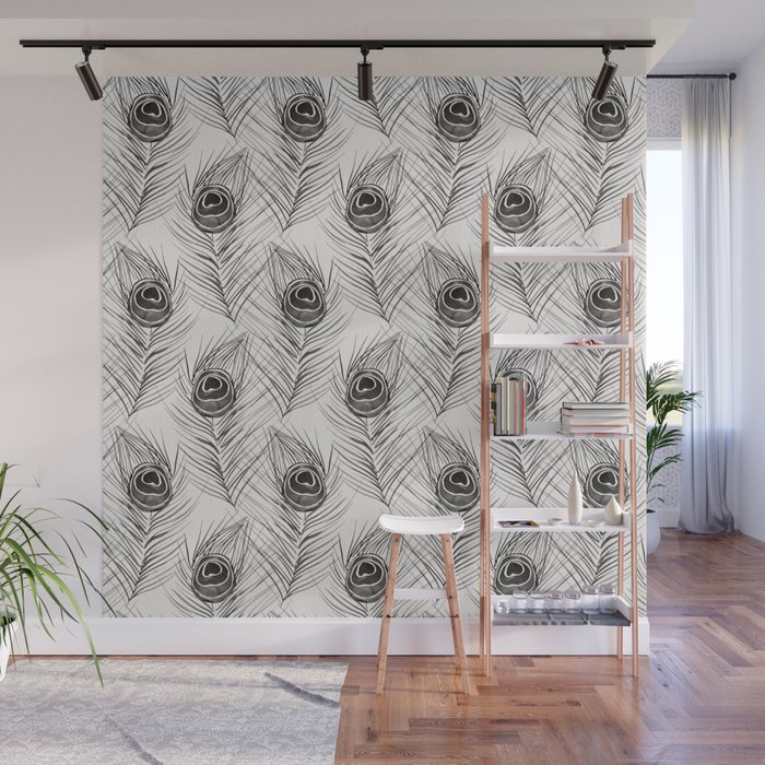 Peacock Feather – Black Palette Wall Mural by catcoq | Society6