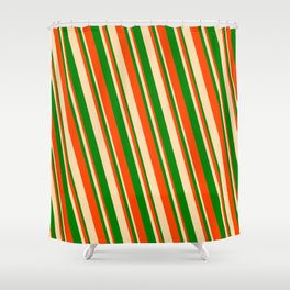[ Thumbnail: Red, Tan, and Green Colored Striped Pattern Shower Curtain ]