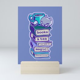 Cat Bookstack Tea Mini Art Print