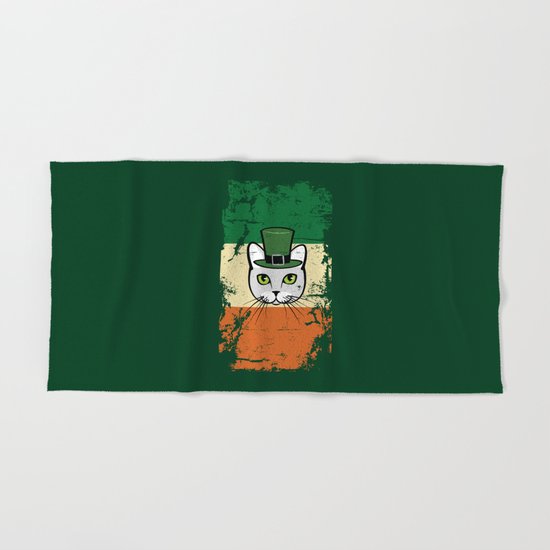 Irish Flag St Patrick Cat Leprechaun Green Hand Bath Towel By