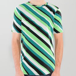 [ Thumbnail: Green, White, Dark Cyan & Black Colored Striped/Lined Pattern All Over Graphic Tee ]