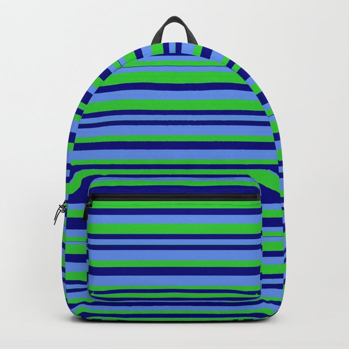 Cornflower Blue, Lime Green, and Blue Colored Striped/Lined Pattern Backpack