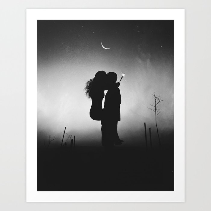 One more kiss goodnight; silhouette of couple kissing under a crescent moon and stars black and white romantic photograph - photography - photographs Art Print