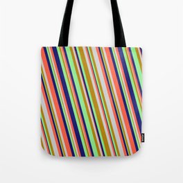 [ Thumbnail: Midnight Blue, Red, Light Grey, Dark Goldenrod & Light Green Colored Lined/Striped Pattern Tote Bag ]