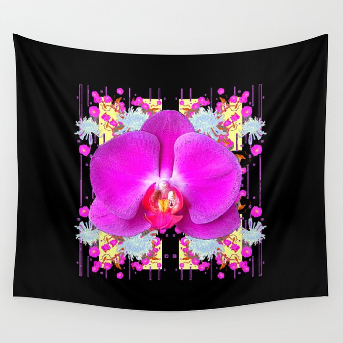BLACK PURPLE BUTTERFLY ORCHID WHITE MUMS Flowers Wall Tapestry