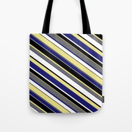 [ Thumbnail: Eye-catching Tan, Dim Gray, Midnight Blue, White, and Black Colored Pattern of Stripes Tote Bag ]