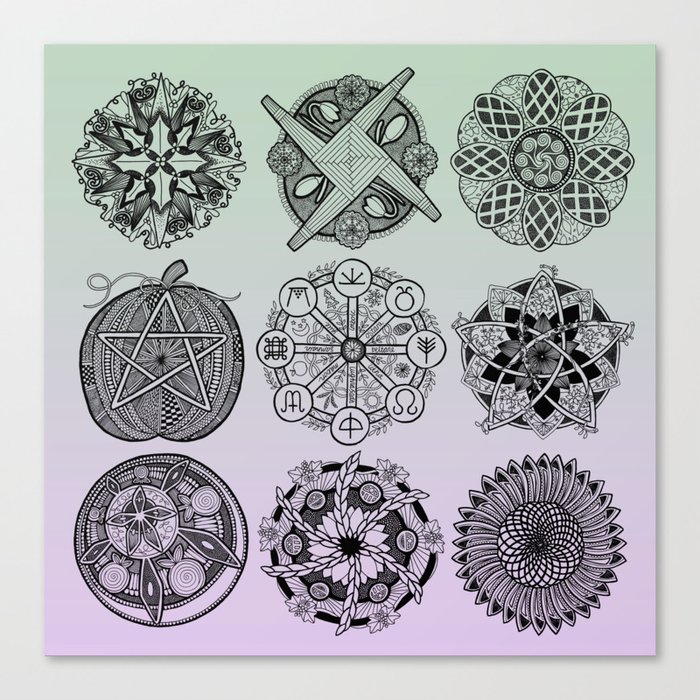 The Wheel Of The Year Mandala Set, Green And Purple Canvas Print