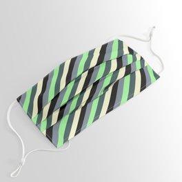 [ Thumbnail: Colorful Slate Gray, Green, Dark Slate Gray, Light Yellow & Black Colored Striped/Lined Pattern Face Mask ]