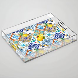 Tiles,mosaic,azulejo,quilt,Portuguese,majolica,lemons,citrus. Acrylic Tray